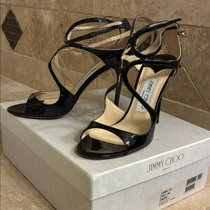 Jimmy Choo Patent Lang Black Strappy Heels
